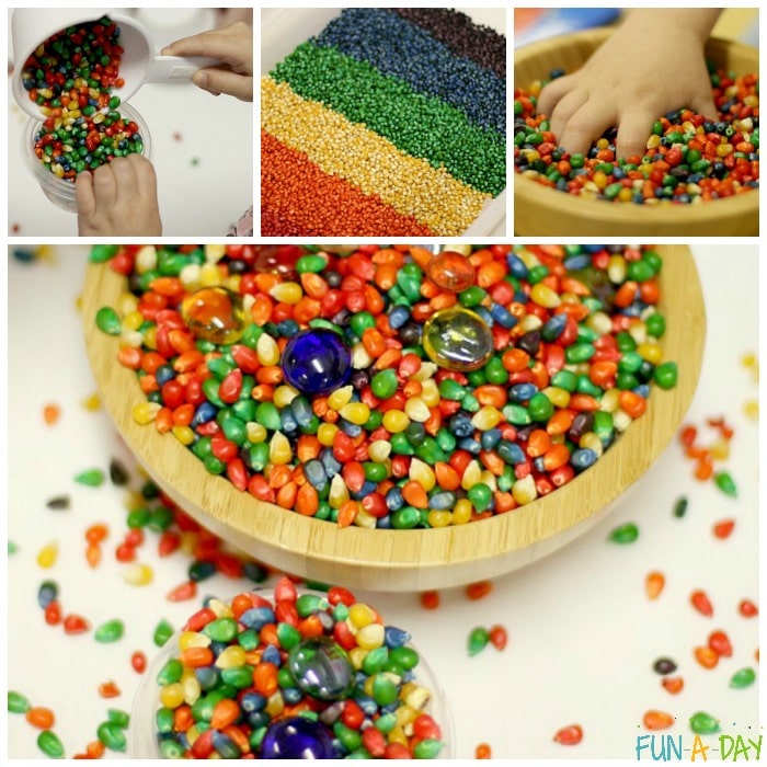 collage of four images of richly colored popcorn kernels being used in a preschool 