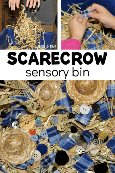 collage of scarecrow play with text that reads scarecrow sensory bin