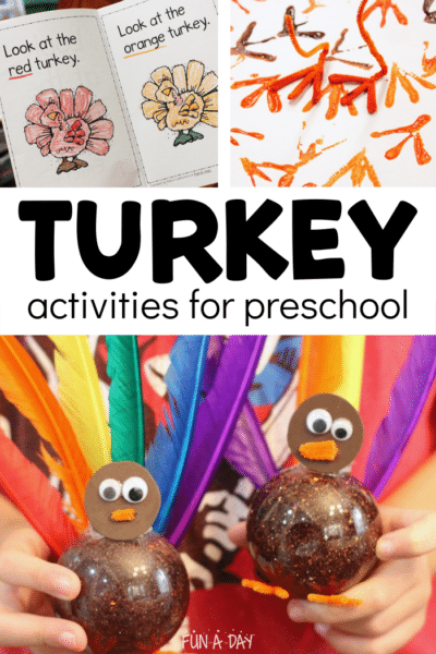Collage of turkey ideas with text that reads turkey activities for preschool.