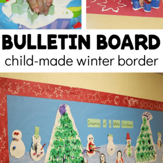 a small hand dipping a snowflake cookie cutter in glue, stamping it onto red paper, and the resulting child-made bulletin board border