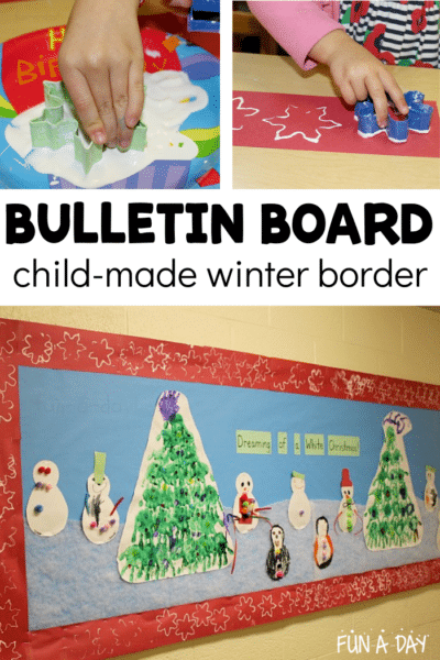 a small hand dipping a snowflake cookie cutter in glue, stamping it onto red paper, and the resulting child-made bulletin board border