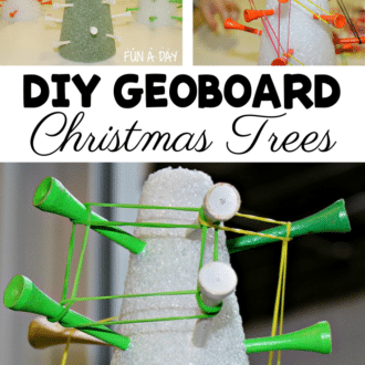 three images of styrofoam trees with golf tees in them and rubber bands on the golf tees with the text, 'DIY geoboard Christmas trees'