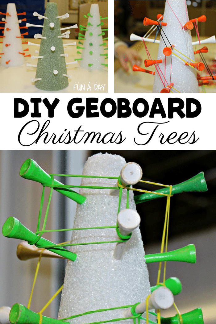 styrofoam trees with golf tees and rubber bands on the golf tees with the text DIY geoboard Christmas trees