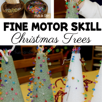 images of supplies, a preschool hand decorating a tree, and four finished trees with the text, 'fine motor skill christmas trees'