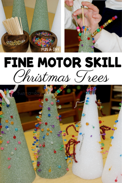 images of supplies, a preschool hand decorating a tree, and four finished trees with the text, 'fine motor skill christmas trees'