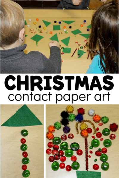 Collage of preschool sticky paper art with text that reads christmas contact paper art