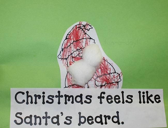 child-made christmas book page that reads christmas feels like santa's beard