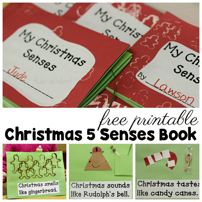 collage of christmas bookmaking with text that reads free printable christmas 5 senses book
