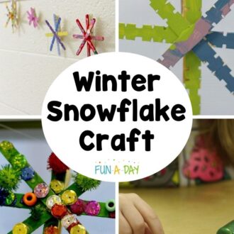 four images of popsicle stick snowflakes with the text 'winter snowflake craft'
