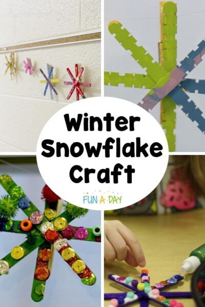 four images of popsicle stick snowflakes with the text 'winter snowflake craft'