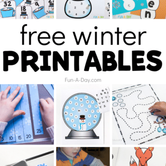 Collage of printables with text that reads free winter printables