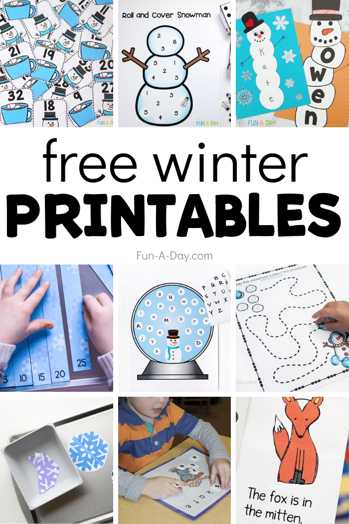 collage of printable winter activities with text that reads free winter printables