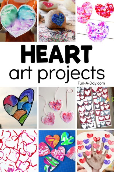 nine different valentine art projects for preschool in a pinnable collage with the text heart art projects