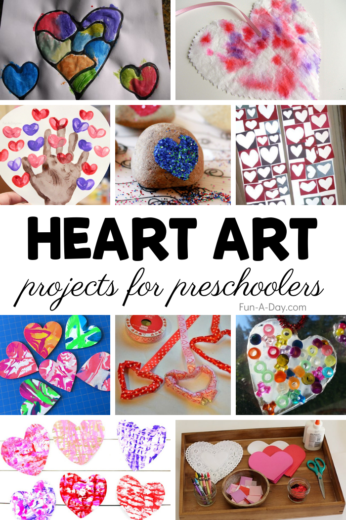 ten valentine art projects for preschool in a pinnable collage with the text heart art projects for preschoolers