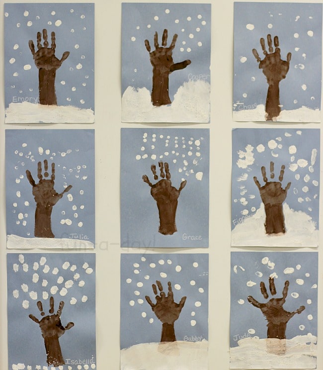 nine preschool winter hand print tree art projects