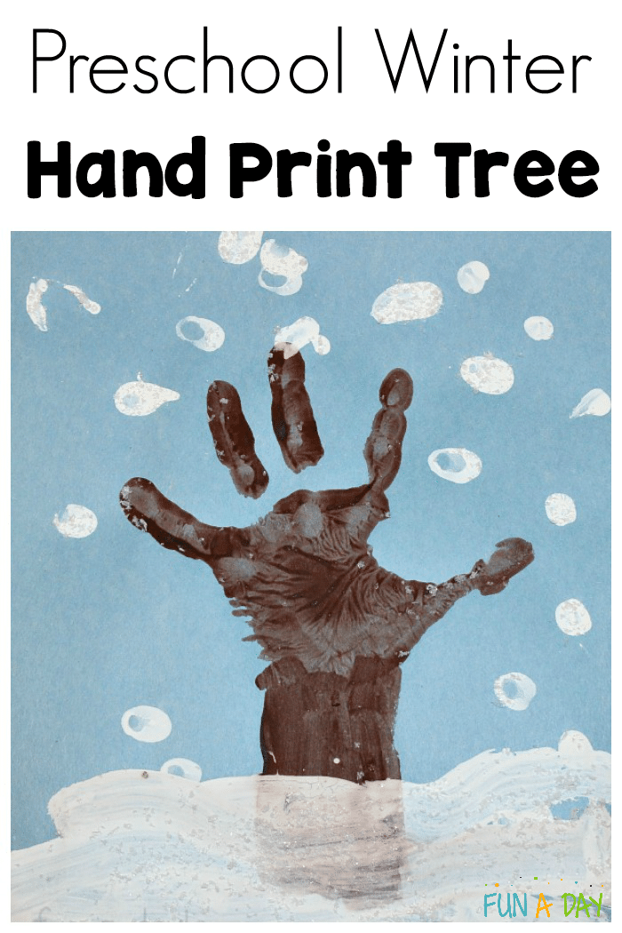 preschooler made hand print art with text that reads preschool winter hand print tree