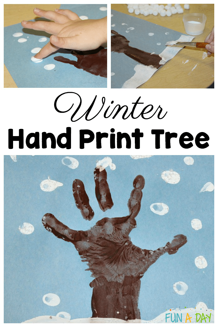 steps for making hand print art with text that reads winter hand print tree