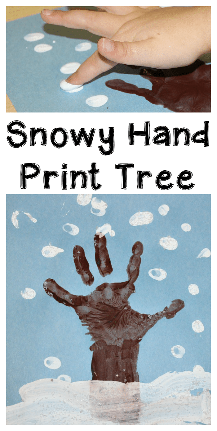 winter hand print tree with text that reads snowy hand print tree