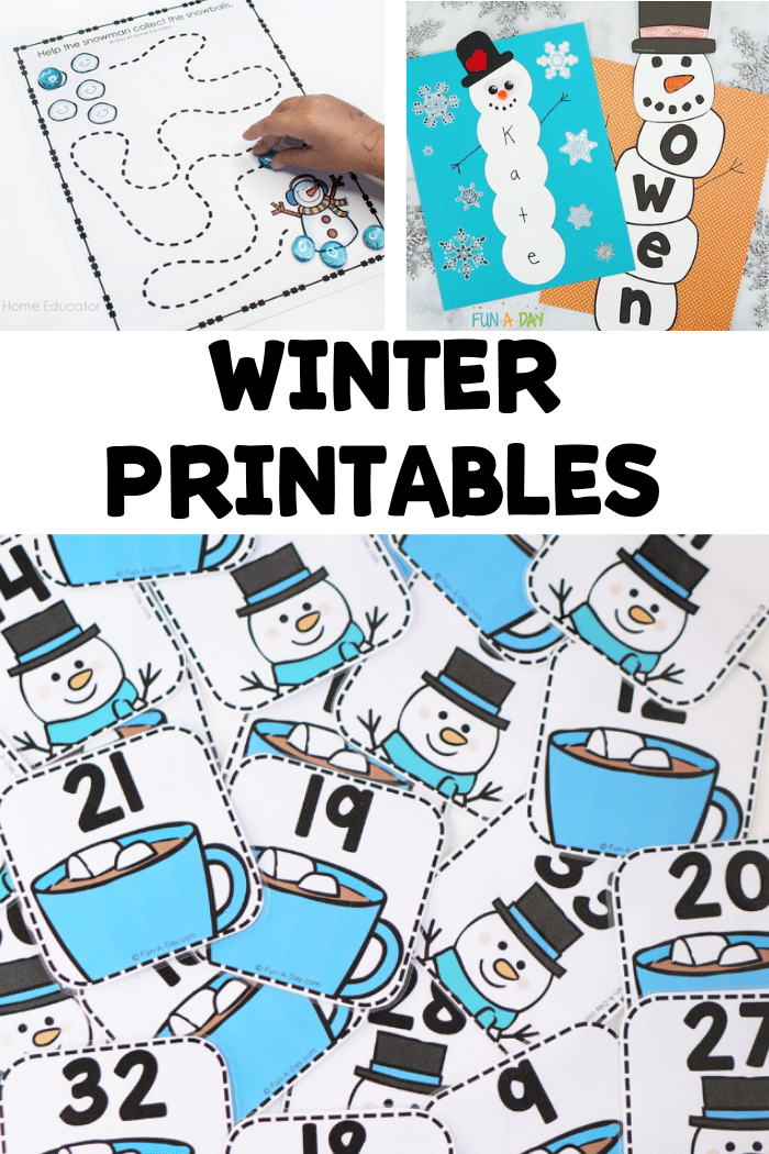 3 preschool printables for winter with text that reads winter printables