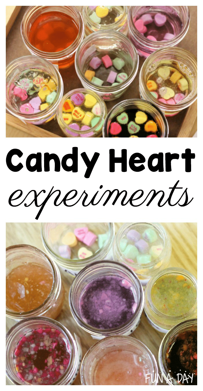 Collage of conversation heart science with text that reads candy heart experiments