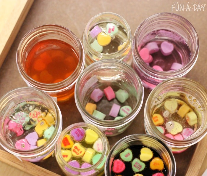 overhead shot of eight glass jars filled with liquids and candy hearts for a preschool experiment