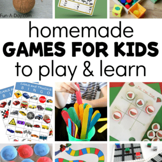collage of DIY games with text that reads homemade games for kids to play and learn