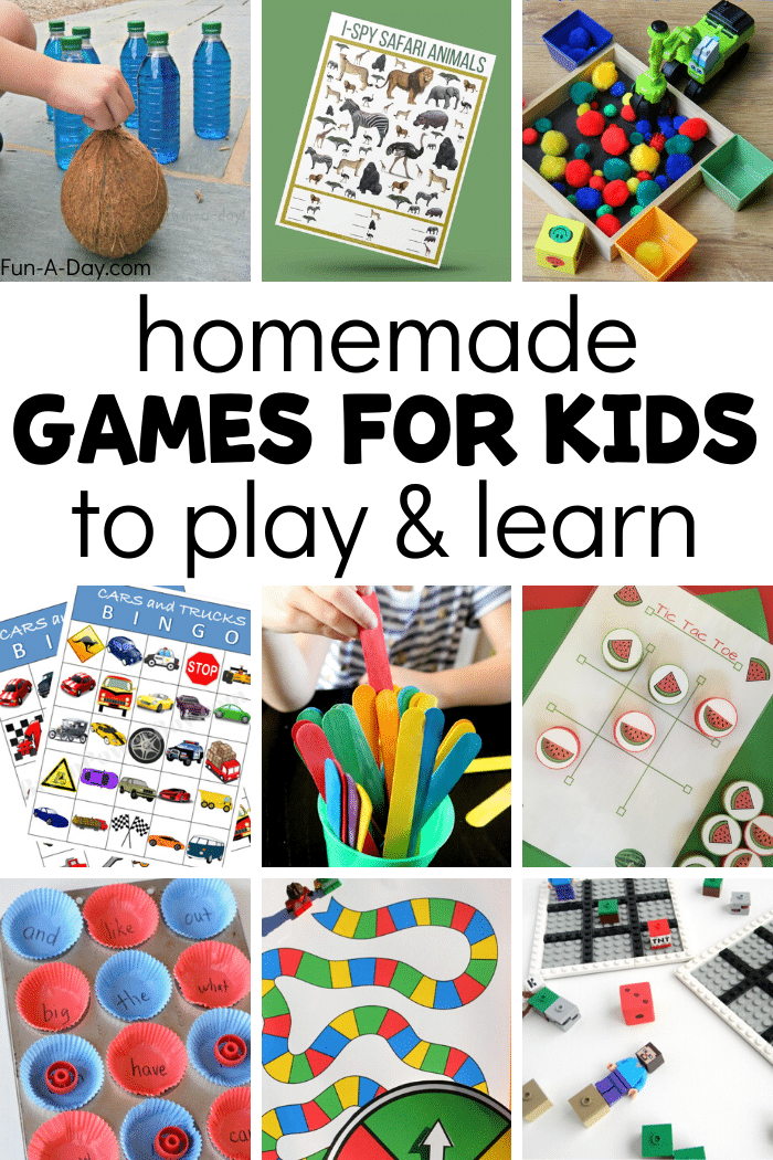 collage of DIY games with text that reads homemade games for kids to play and learn