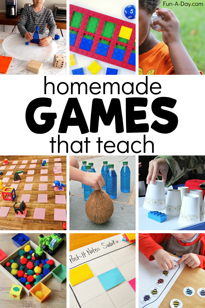 collage of DIY games for children with text that reads homemade games that teach