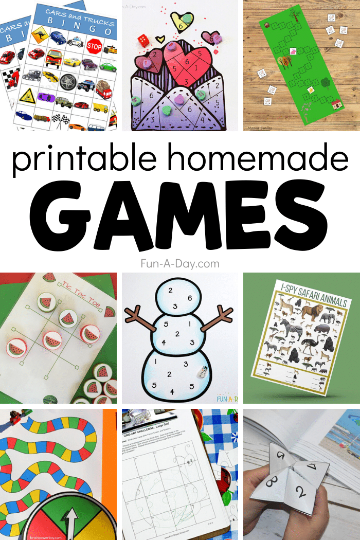 collage of printable games with text that reads printable homemade games