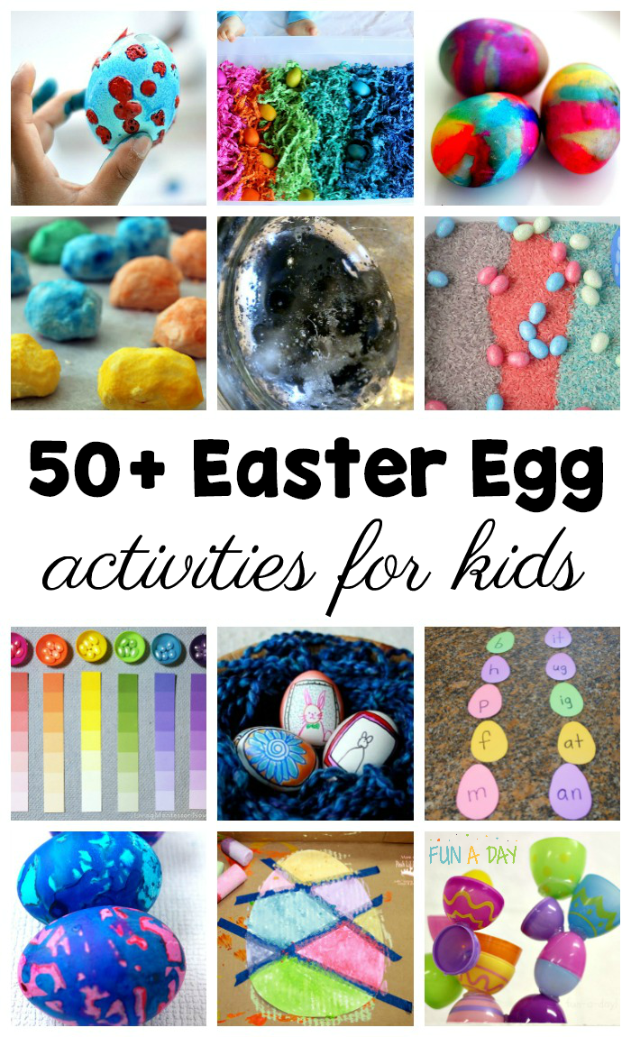 collage of Easter ideas with text that reads 50+ Easter egg activities for kids