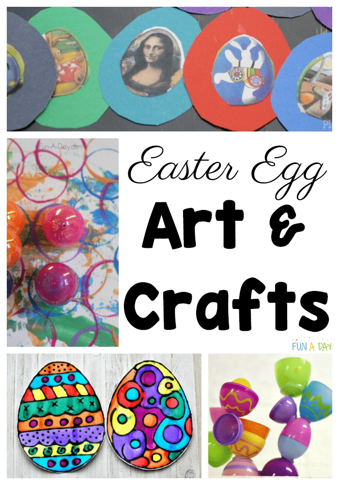 collage of easter egg art activities with text that reads easter egg art and crafts