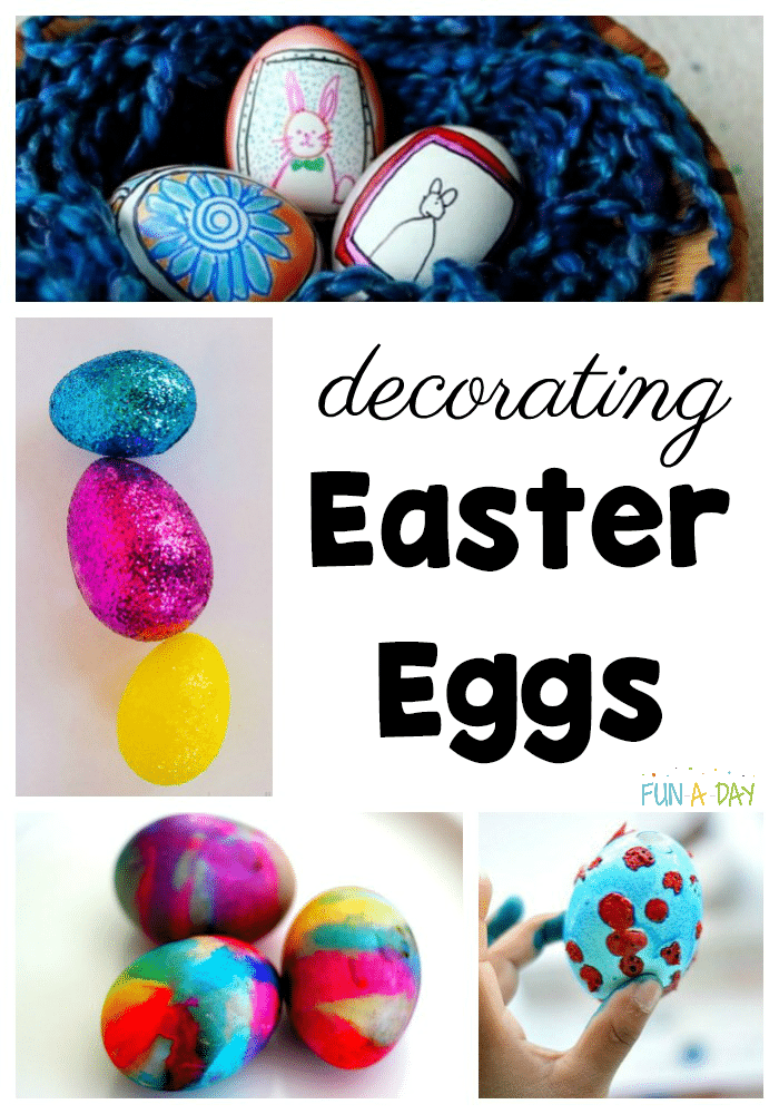 collage of decorated easter eggs with text that reads decorating easter eggs