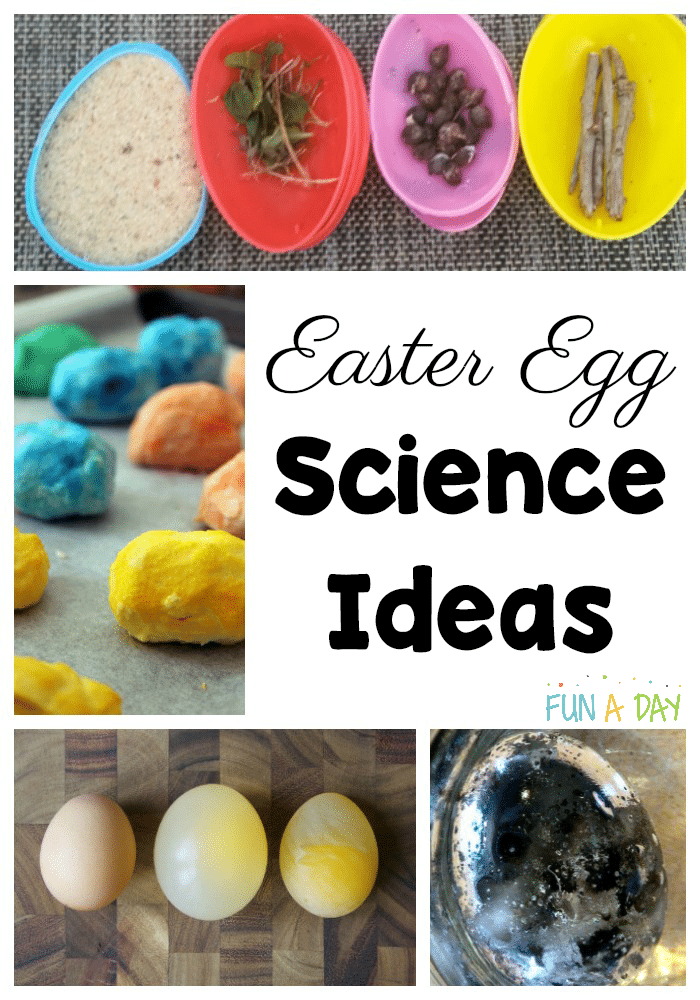 collage of easter science activities with text that reads easter egg science ideas