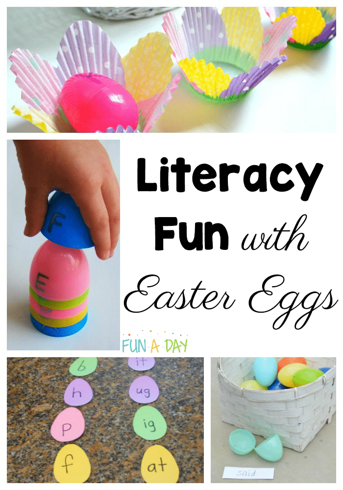 collage of Easter ideas with text that reads literacy fun with easter eggs