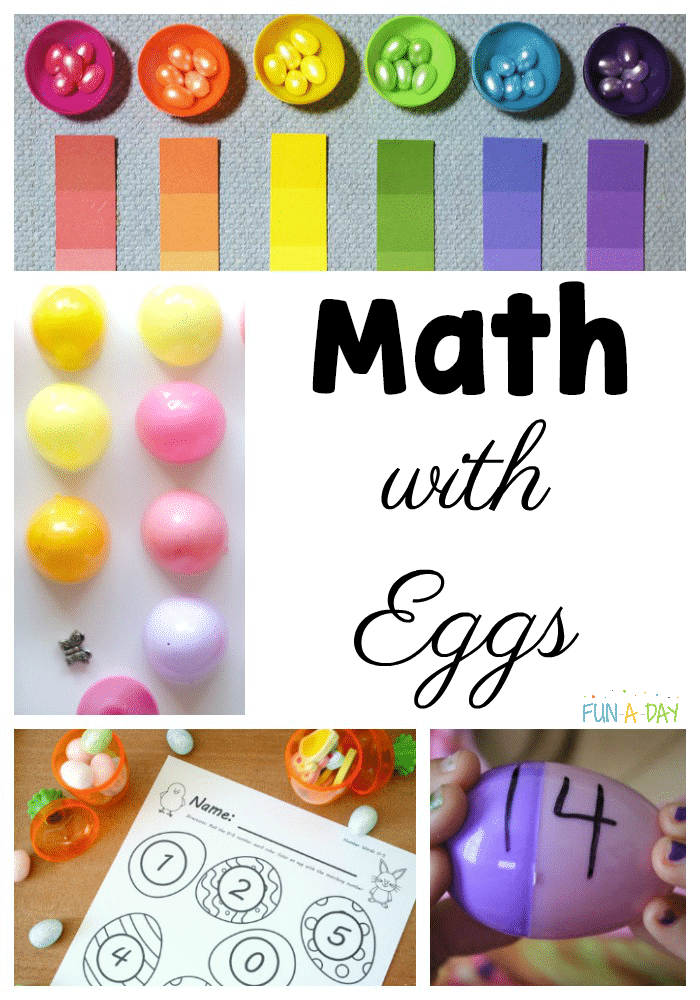 collage of math easter egg activities with text that reads math with eggs
