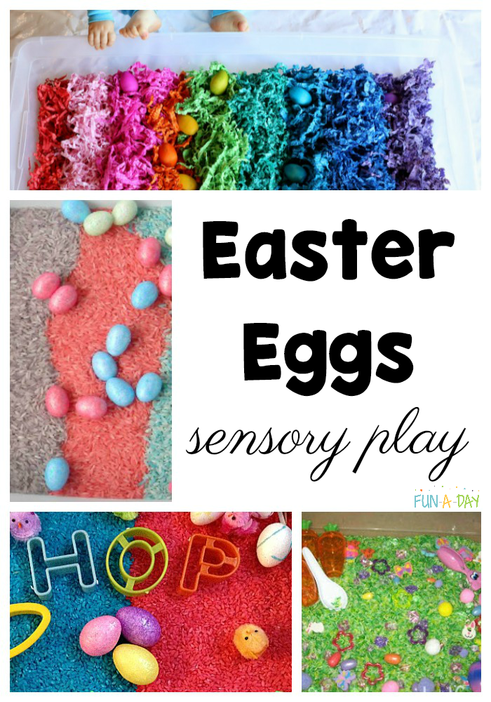 collage of sensory activities with text that reads easter eggs sensory play