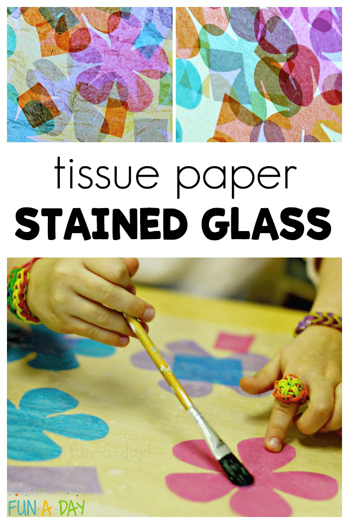 collage of preschool tissue paper art with text that reads tissue paper stained glass