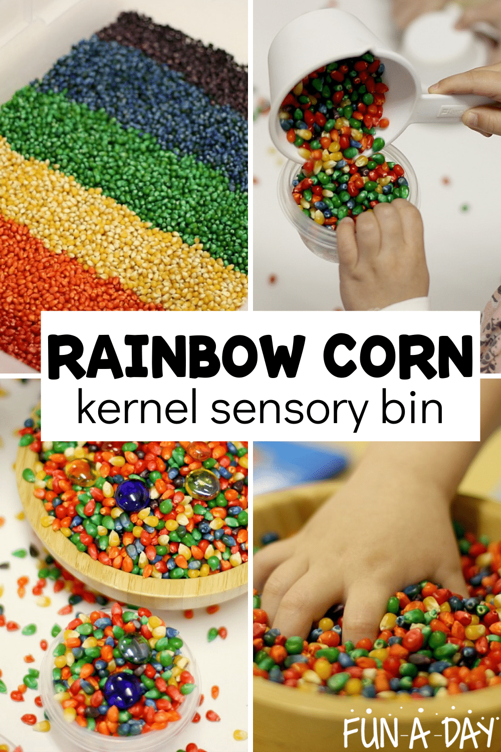 Dyed corn collage with text that reads rainbow corn kernel sensory bin