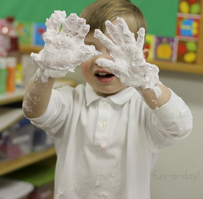 Some messy fun as the kids get ready for scented shaving cream art