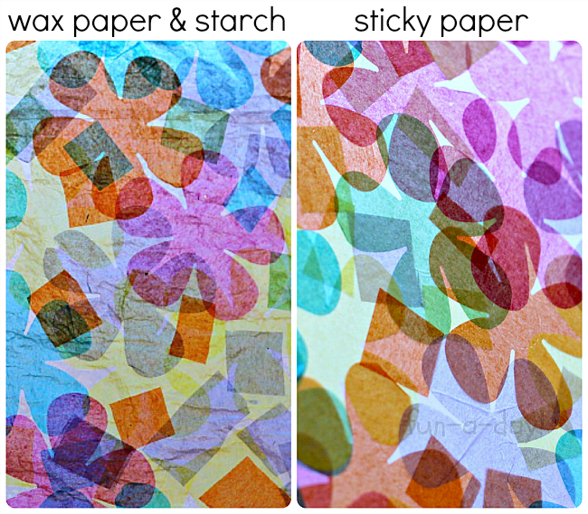 comparison of two ways to make tissue paper stained glass art with text that reads wax paper & starch sticky paper