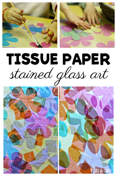 collage of preschool tissue paper art with text that reads tissue paper stained glass art