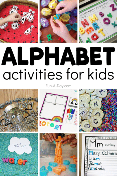 collage of letter ideas with text that reads alphabet activities for kids