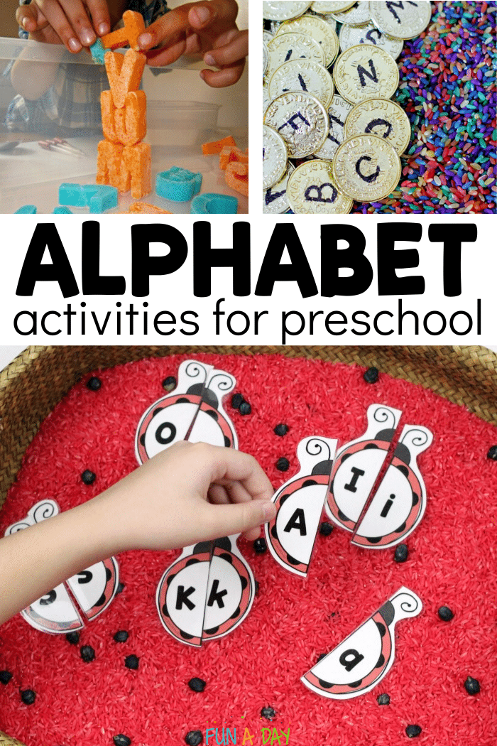 3 alphabet ideas with text that reads alphabet activities for preschool