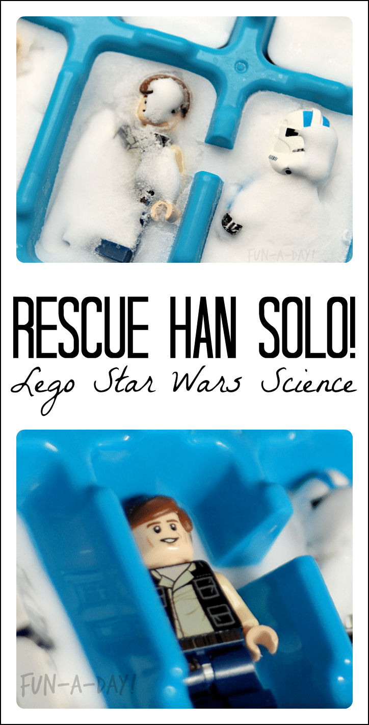 collage of star wars science experiment with text that reads rescue han solo lego star wars science