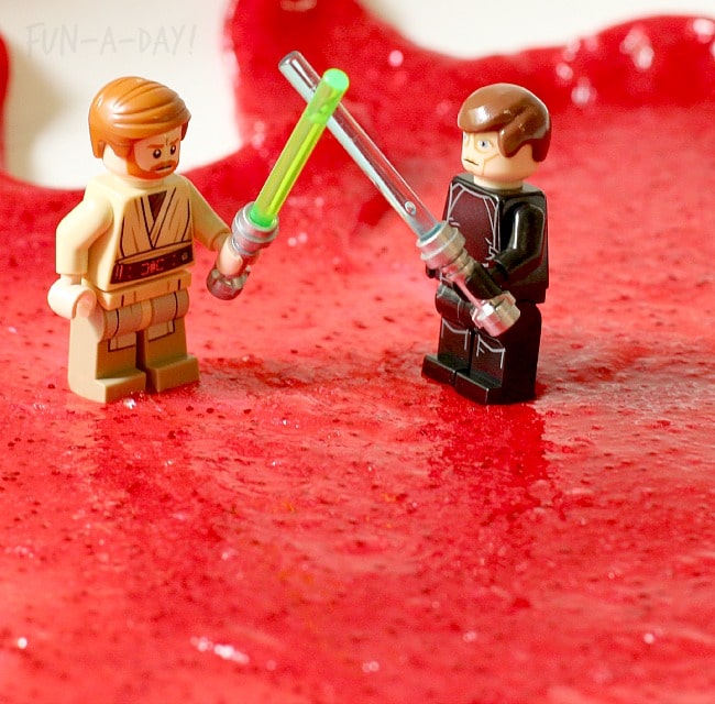 Lego Obi-Wan and Anakin battle on Mustafar in lava slime