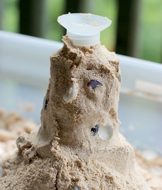 our sand volcano (which is neither sandy nor volcanic) is ready and waiting for this fun science activity to begin