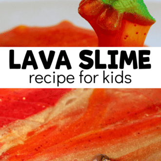 slime with dinosaur and star wars lego anakin with text that reads lava slime recipe for kids