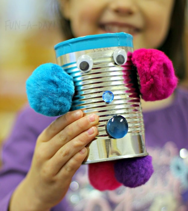 creating magnetic robot art with tin cans and craft supplies