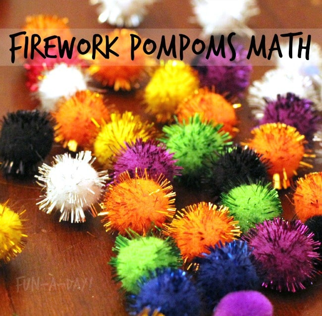 firework math activity with sparkly pompoms