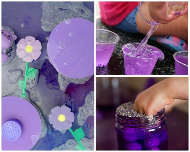scented water activities for kids - lavender bins